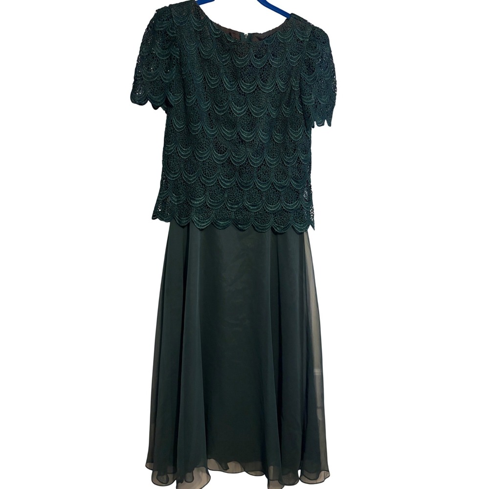 After Dark Formal Gown Scalloped Lace‎ Chiffon Dark Green Short Sleeve Maxi 10